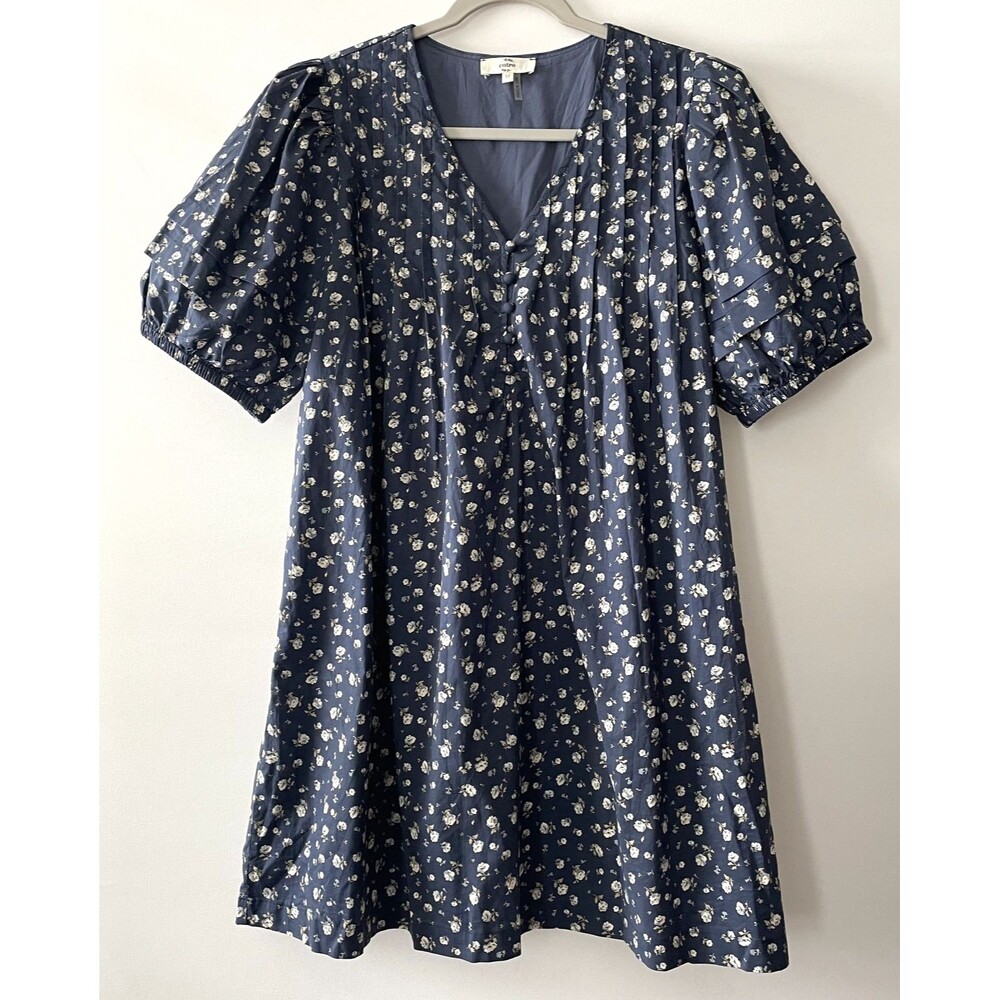 NWOT Entro Floral A-Line Mini Dress Puff Short Sleeve Blue Cotton Size M-(ep)